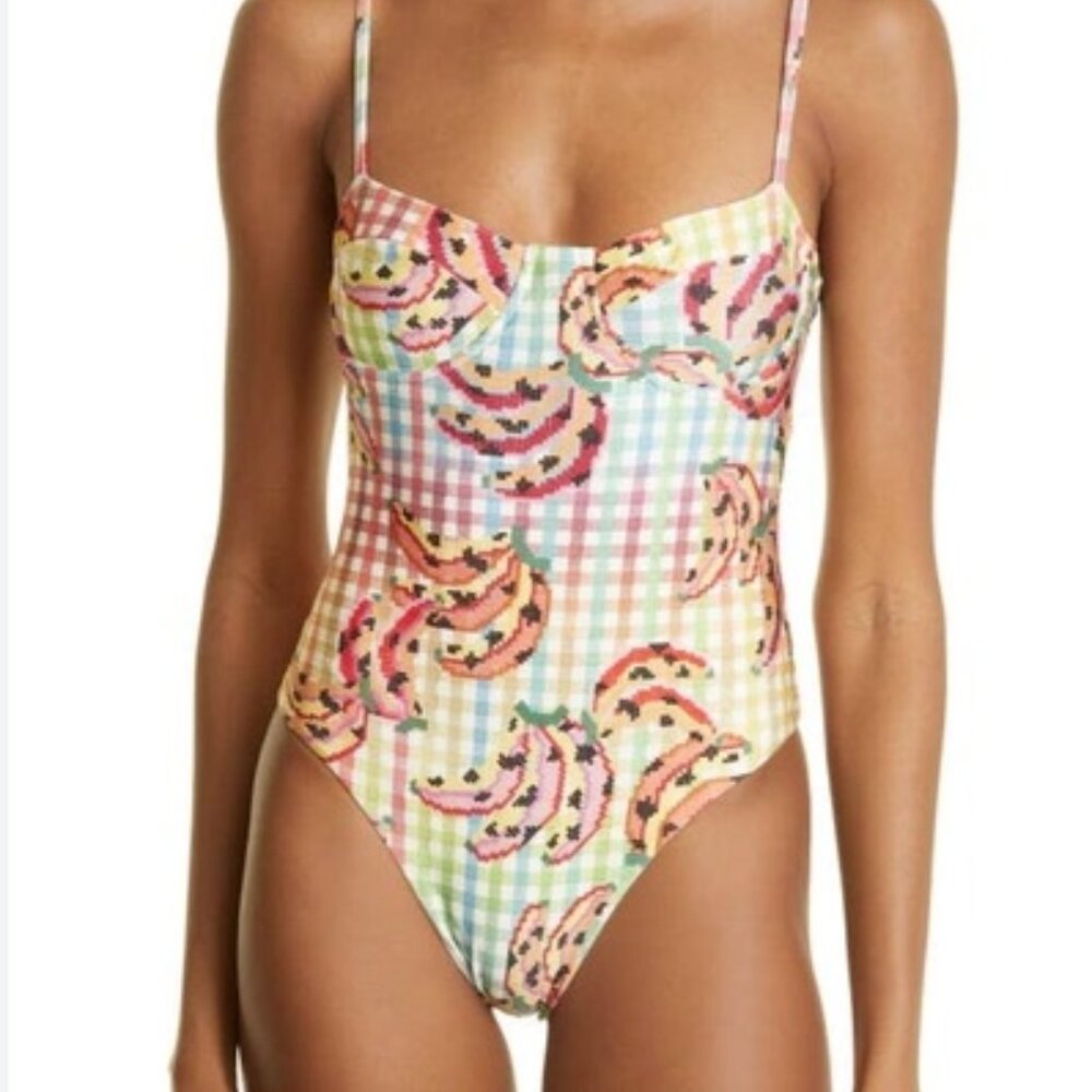Farm Rio Banana Vichy Printed One-Piece Swimsuit NWT Large